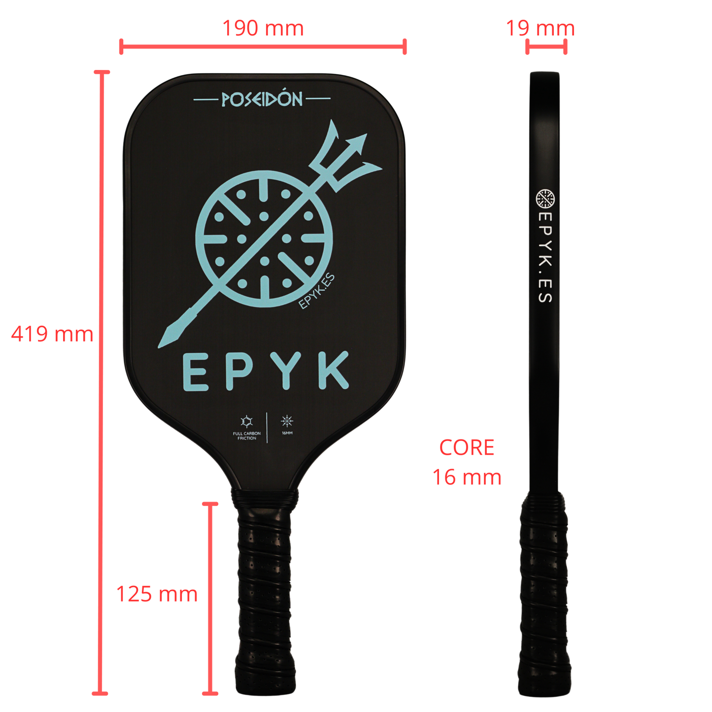 Pala de pickleball EPYK Poseidon vista Medidas nivel intermedio avanzado